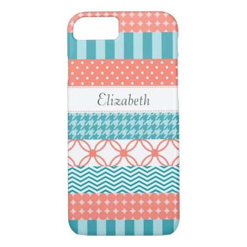 Girly Coral and Teal Washi Tape Pattern With Name iPhone 87 Case