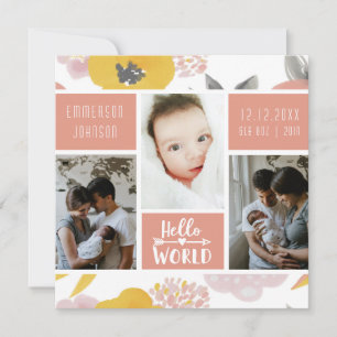 Girly Coral Floral Bold Photo Collage Birth Announcement