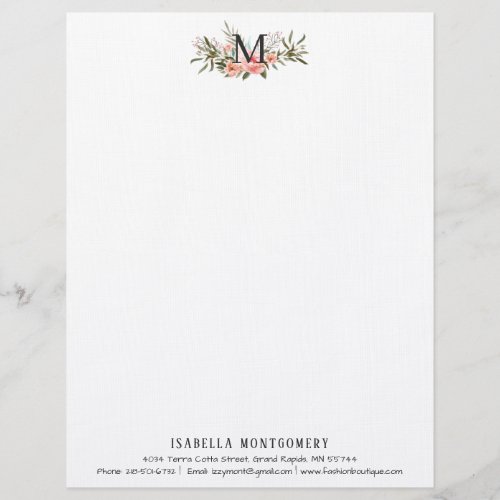 Girly Coral Floral Watercolor Boho  Monogram Letterhead