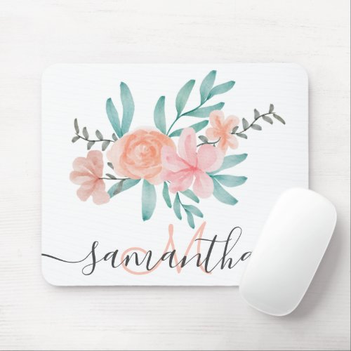 Girly coral peach floral watercolor monogrammed mouse pad