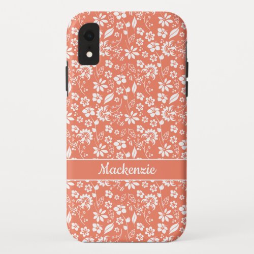Girly Coral Peach Tropical Floral Pattern iPhone XR Case