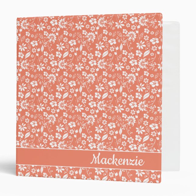 Girly Coral Peach Tropical Flowers 3 Ring Binder (Front/Inside)
