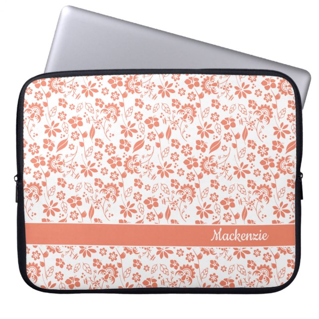 Girly Coral Peach Tropical Flowers Monogram Laptop Sleeve (Front)