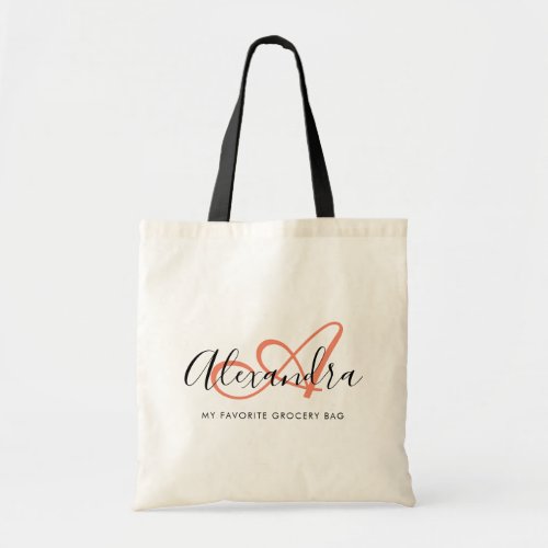 Girly Coral Pink Elegant Script Name Monogram Tote Bag