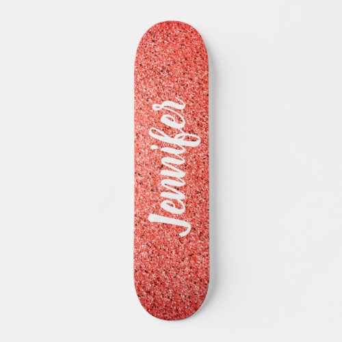 Girly Coral Pink Faux Glitter Personalized Skateboard