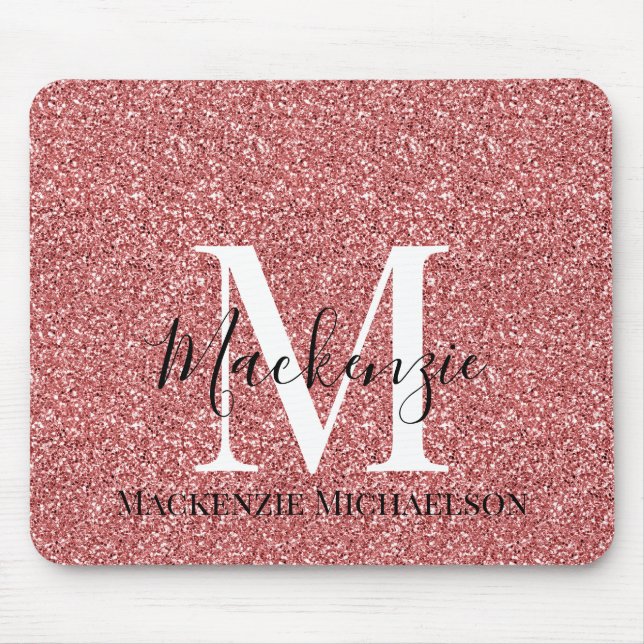 Girly Coral Red Glitter Monogram Name   Mouse Pad (Front)