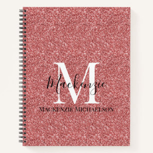 Girly Coral Red Glitter Monogram Name Notebook