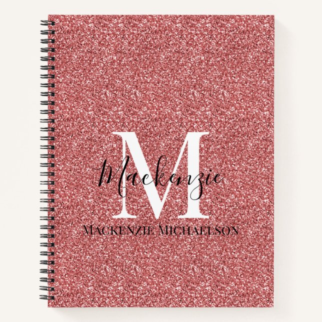 Girly Coral Red Glitter Monogram Name Notebook (Front)