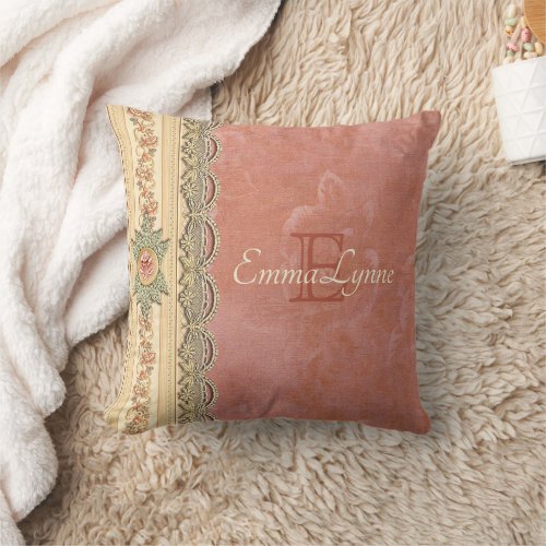Girly Coral Rose Ivory Champagne Lace Your Name Throw Pillow