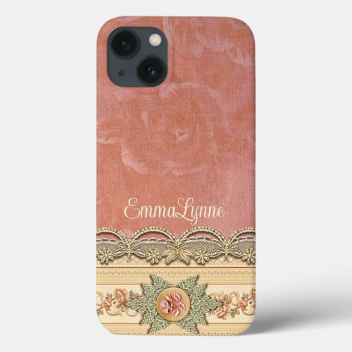 Girly Coral Rose Vintage Ivory Lace Your Name iPhone 13 Case