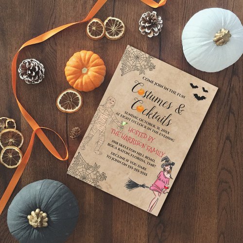 Girly Costumes  Cocktails Halloween Invitation