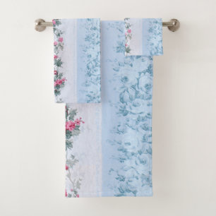 Girly Cottage Chic Pink and Blue Roses Bath Towel Set