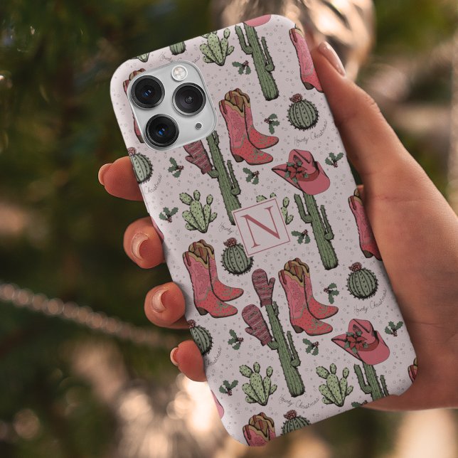 Girly Country Cowgirl Christmas Monogram Case-Mate iPhone Case (Custom Pink Country Christmas Cowgirl Boots, Hats, Mittens & Cactus. Hand-Drawn in Black Ink.)