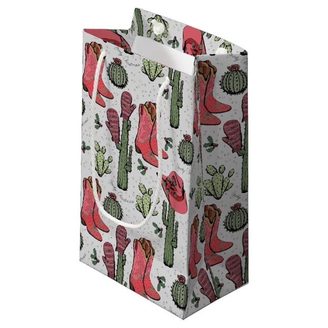 Girly Country Cowgirl Christmas Pink and Green Small Gift Bag (Front Angled)