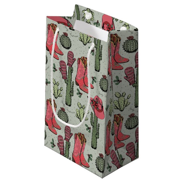 Girly Country Cowgirl Christmas Pink and Green Small Gift Bag (Front Angled)
