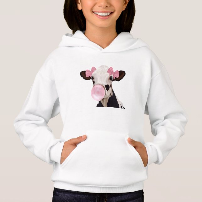 Girly Cow Blowing Pink Bubblegum Bubble Hoodie (Front)