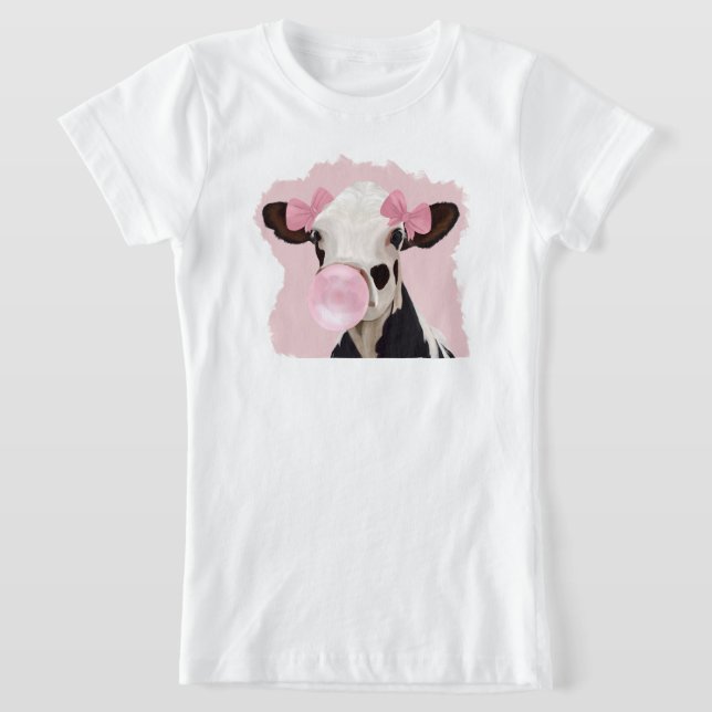 Girly Cow Blowing Pink Bubblegum Bubble T-Shirt (Laydown)