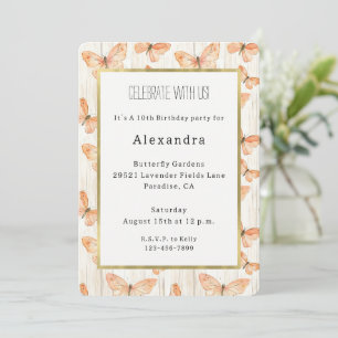 Girly Cream Peach Butterflies Birthday Invitation