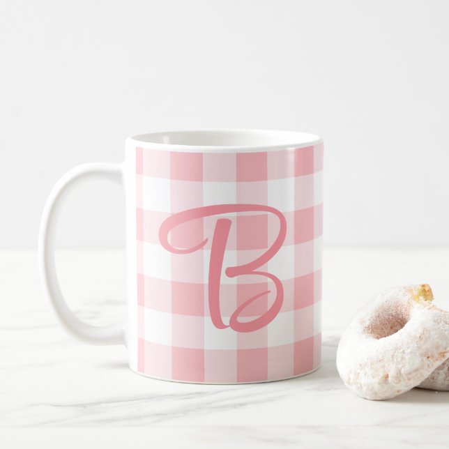 Girly Custom Monogram Mug | Pink Plaid (With Donut)