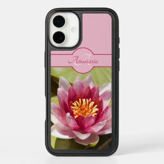 Girly Custom Monogram Name Pink Water Lily Photo iPhone 16 Plus Case