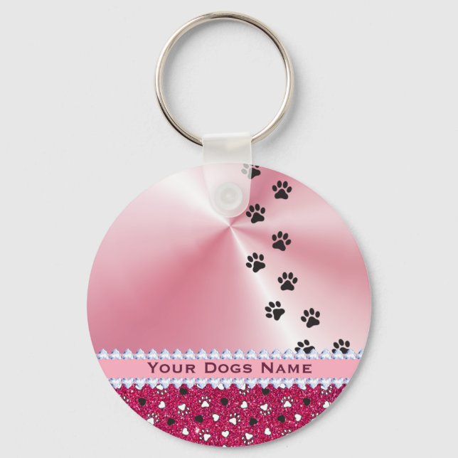 Girly Customized Dog Paw Print & Glitter Keychain (Front)