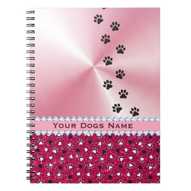 Girly Customized Dog Paw Print & Glitter Notebook (Front)