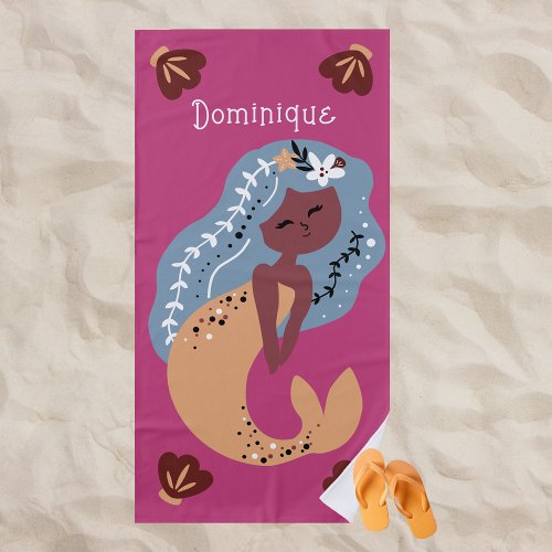 Girly Cute African American Mermaid Beach Towel