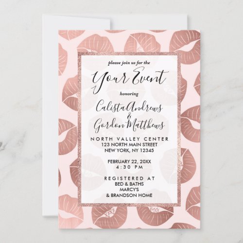 Girly Cute Artsy Rose Gold Hand Drawn Kiss Lips Invitation