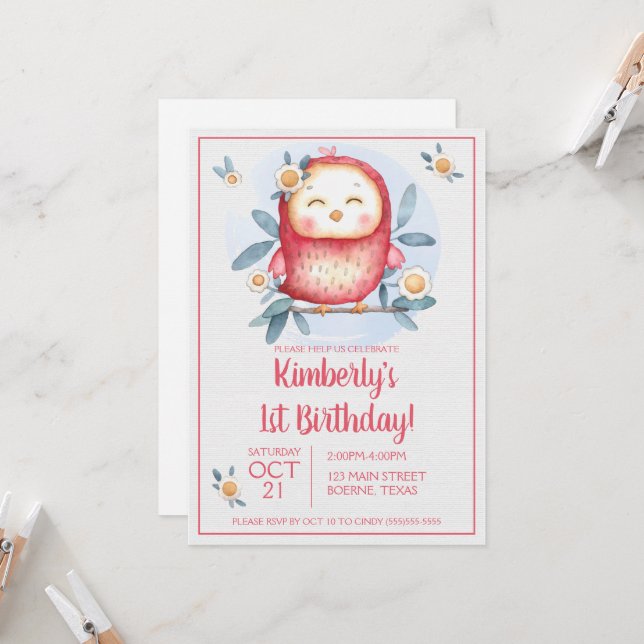 Girly Cute Bird First Birthday Invitation (Front/Back In Situ)