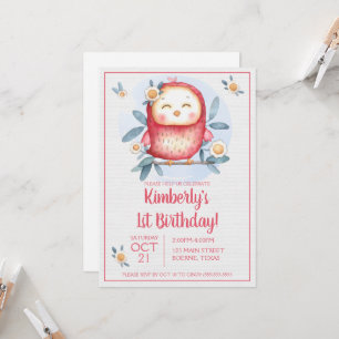 Girly Cute Bird First Birthday Invitation