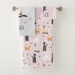 Girly Cute Cat Cartoon Pink Pattern &amp; Name Kids Bath Towel Set