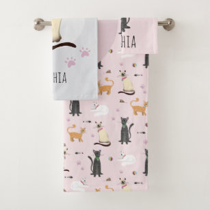 Girly Cute Cat Cartoon Pink Pattern & Name Kids Bath Towel Set