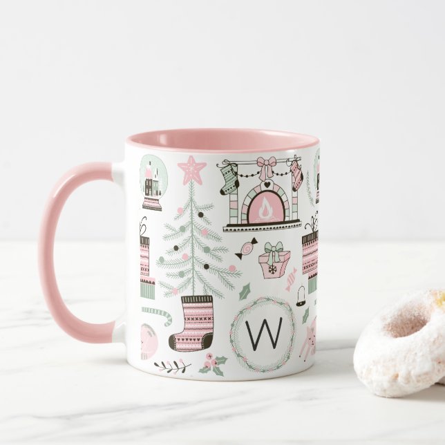 Girly Cute Christmas Pattern Monogram Mug (With Donut)