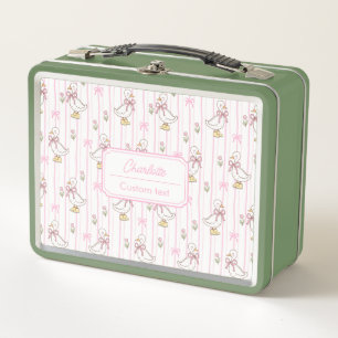 Girly Cute Coquette Goose with Pink Bow Monogram Metal Lunch Box