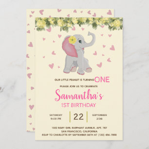 Girly Cute Elephant Watercolor Floral 1st Birthday Invitation