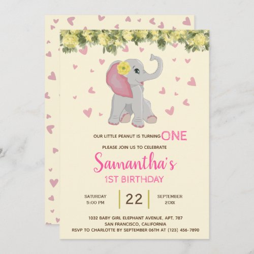 Girly Cute Elephant Watercolor Floral 1st Birthday Invitation