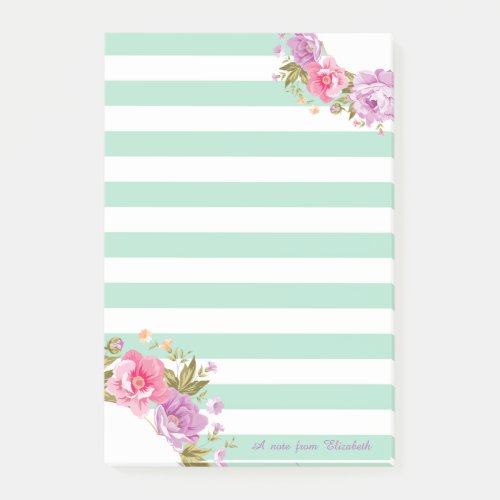 Girly Cute Floral Mint Green StripedPersonalized Post_it Notes