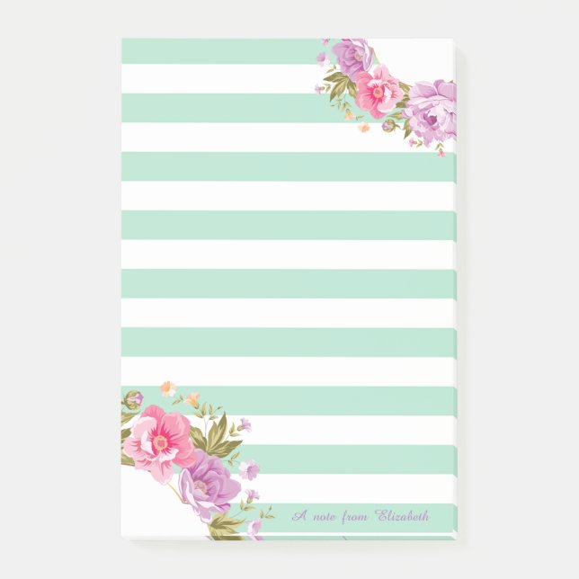 Girly Cute Floral ,Mint Green Striped,Personalized Post-it Notes (Front)