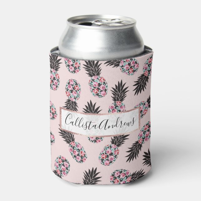 Girly Cute Floral Pink Black Pineapple Pattern Can Cooler (Can Front)