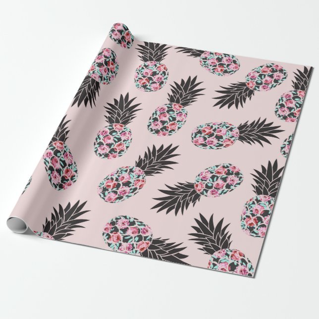 Girly Cute Floral Pink Black Pineapple Pattern Wrapping Paper (Unrolled)