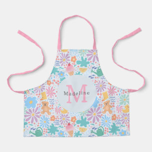 Girly Cute Floral Pink Rainbow Monogram Apron