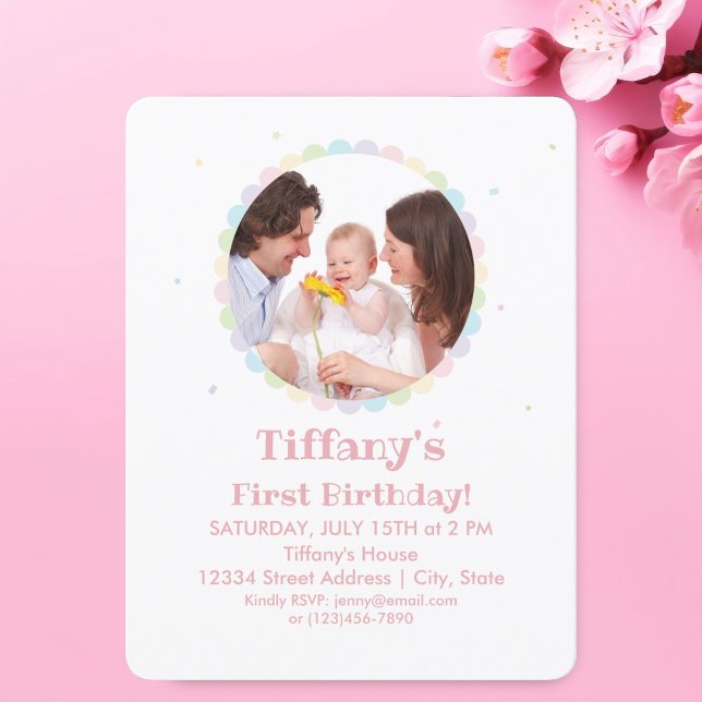 Girly Cute Flower Frame Pink Kids Birthday Photo Invitation (Creator Uploaded)
