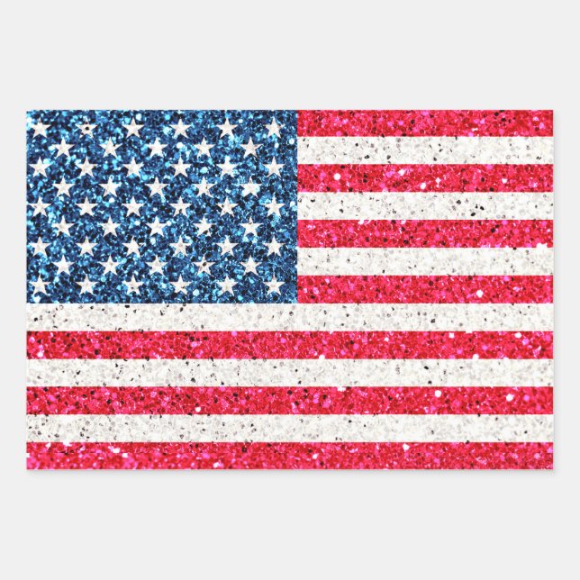 Girly Cute Fun Glitter Patriotic American USA Flag Wrapping Paper Sheets (Front)