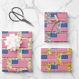 Girly Cute Fun Glitter Patriotic American USA Flag Wrapping Paper Sheets