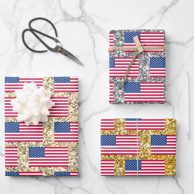 Girly Cute Fun Glitter Patriotic American USA Flag Wrapping Paper Sheets (Front)