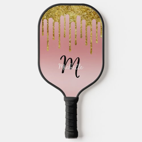 Girly Cute Gold Pink Blush Glitter Drip Monogram Pickleball Paddle