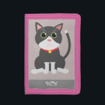 Girly Cute Kitten Cat Custom Monogram or Name Kids Trifold Wallet<br><div class="desc">A cute, cartoon gray cat, or kitten, has a pink nose and ears, with whiskers, white legs and feet, and is wearing a red collar. He is sitting and looking at you. Just personalize with your monogram initials or name, or delete that to leave plain. Very stylish for any little...</div>