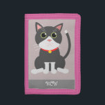 Girly Cute Kitten Cat Custom Monogram or Name Kids Trifold Wallet<br><div class="desc">A cute, cartoon gray cat, or kitten, has a pink nose and ears, with whiskers, white legs and feet, and is wearing a red collar. He is sitting and looking at you. Just personalize with your monogram initials or name, or delete that to leave plain. Very stylish for any little...</div>