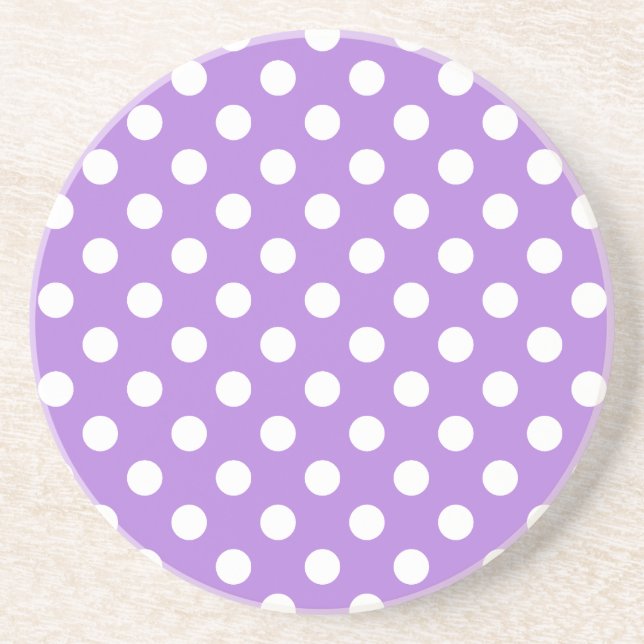 Girly Cute Lavender and White Polka Dots Sandstone Coaster (Front)