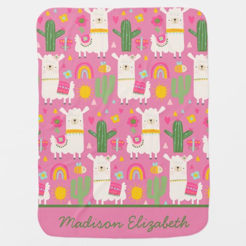 Girly Cute Llamas Green Cactus Rainbows Pink Baby Baby Blanket